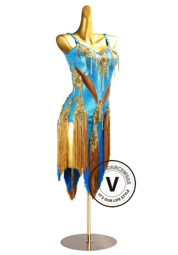 Azure Gold Latin Rhythm Chacha Salsa Rumba Competition Dance Dress
