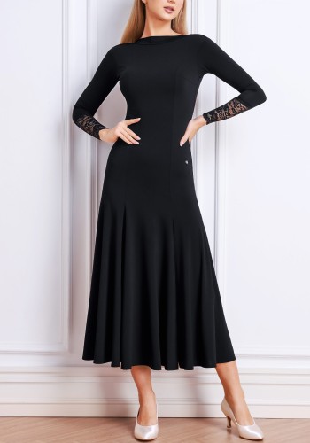 Noir Lace Elegance Luxury Crepe Ballroom Smooth Practice Dance Dress TID-D033