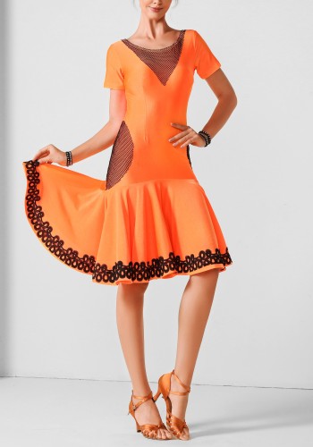 Tangerine Lace Grace Elegance Luxury Crepe Ballroom Smooth Practice Dance Dress PF06026