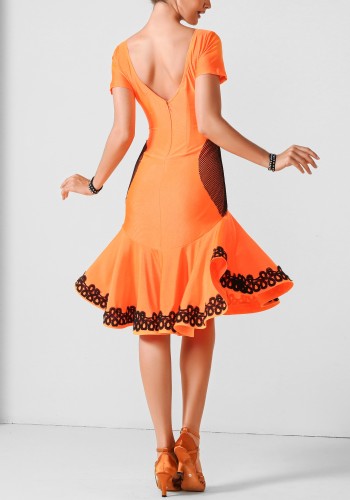 Tangerine Lace Grace Elegance Luxury Crepe Ballroom Smooth Practice Dance Dress PF06026