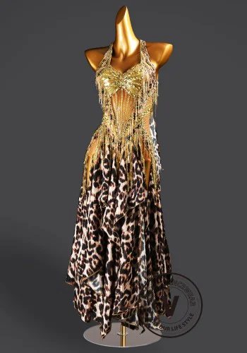 Savanna Gold Leopard Waltz Ballroom Dress American Smooth Competition Dresses