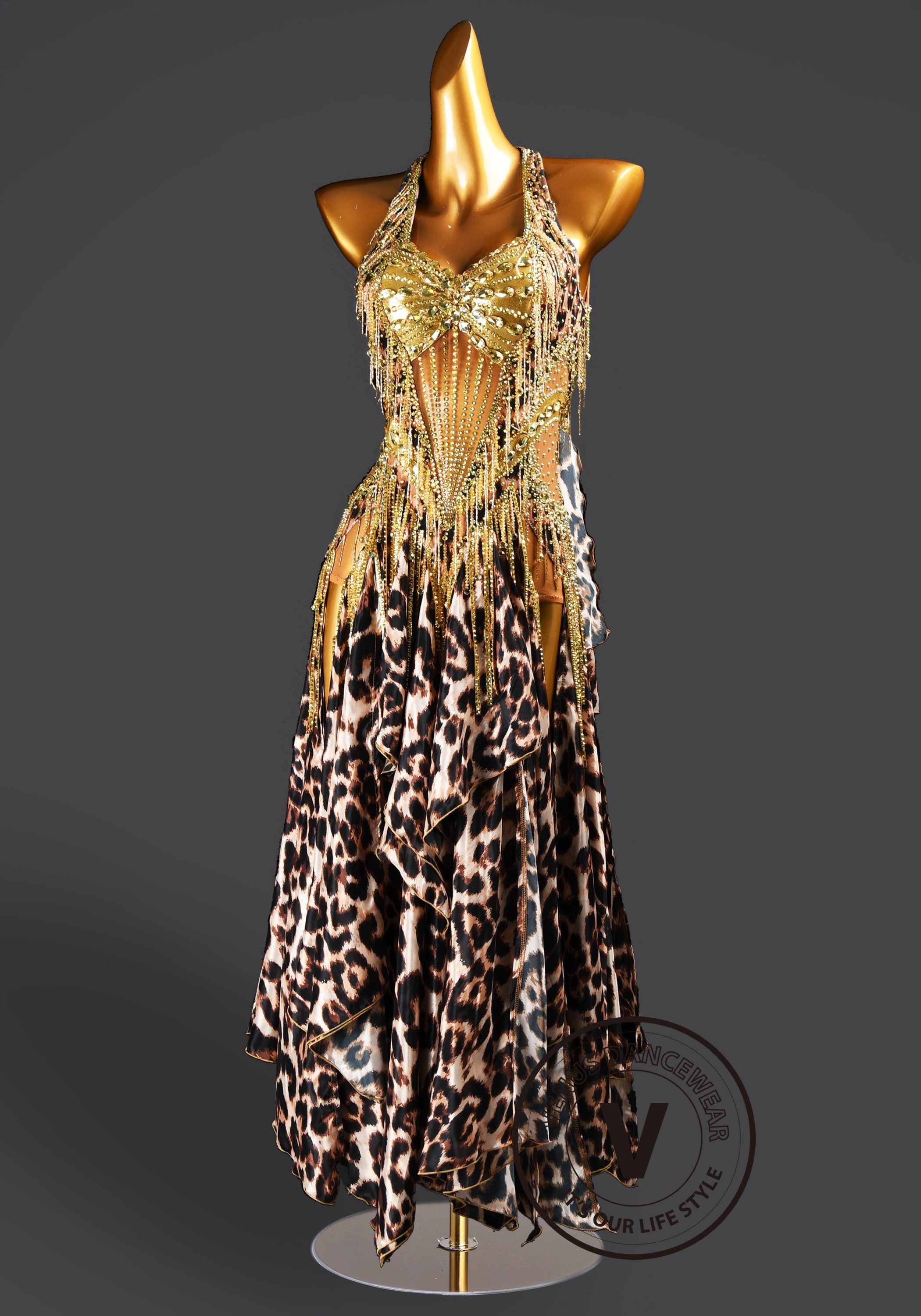 Savanna Gold Leopard Waltz Ballroom Dress American Smooth Competition Dresses