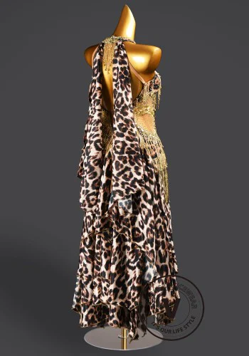 Savanna Gold Leopard Waltz Ballroom Dress American Smooth Competition Dresses