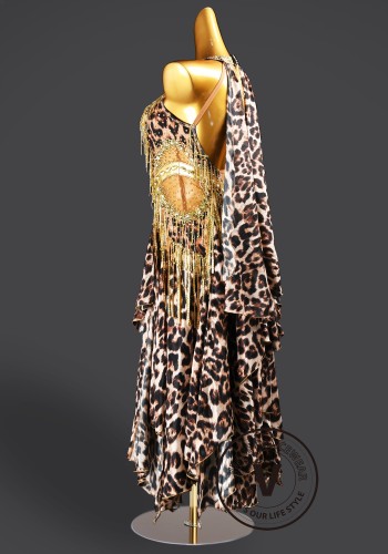 Savanna Gold Leopard Waltz Ballroom Dress American Smooth Competition Dresses
