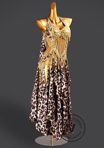 Savanna Gold Leopard Waltz Ballroom Dress American Smooth Competition Dresses