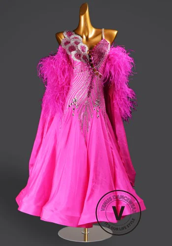 Fuchsia Glamour Feather Waltz Ballroom Dress Smooth Competition Dresses
