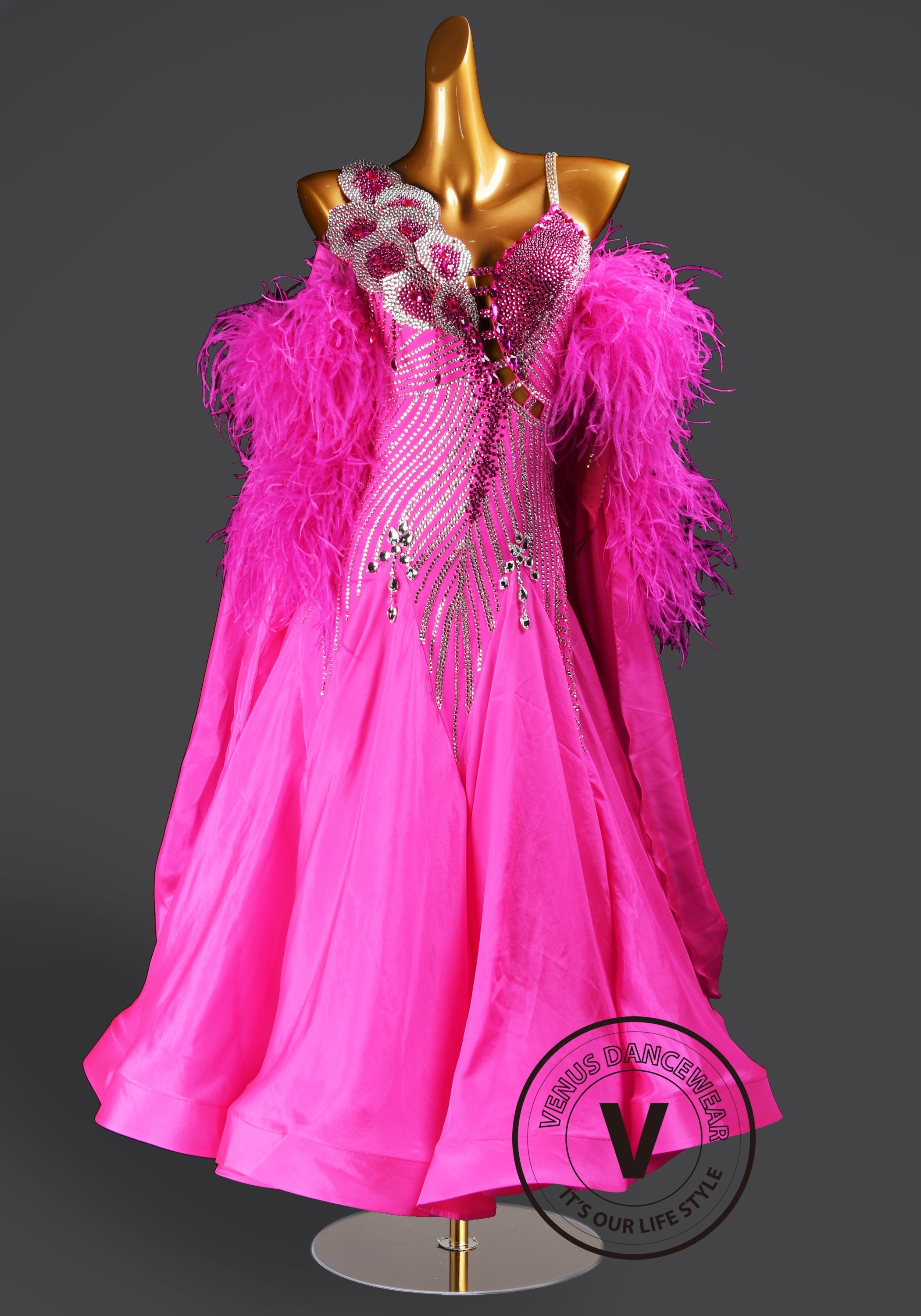 Fuchsia Glamour Feather Waltz Ballroom Dress Smooth Competition Dresses