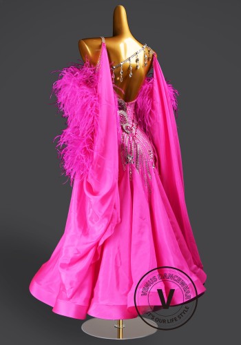 Fuchsia Glamour Feather Waltz Ballroom Dress Smooth Competition Dresses