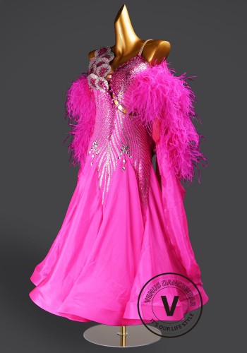 Fuchsia Glamour Feather Waltz Ballroom Dress Smooth Competition Dresses