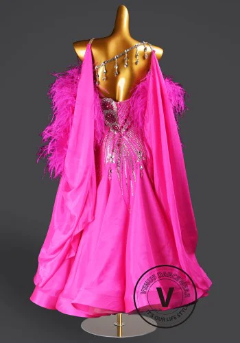 Fuchsia Glamour Feather Waltz Ballroom Dress Smooth Competition Dresses