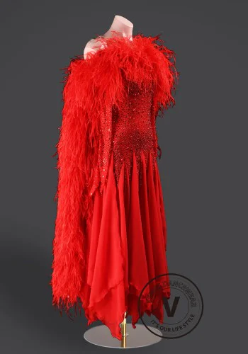 Scarlet Majesty Feather Waltz Ballroom Dress Smooth Competition Dresses