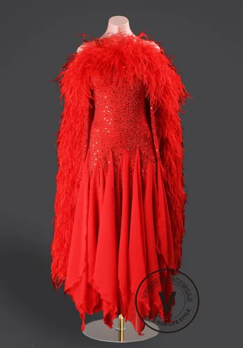 Scarlet Majesty Feather Waltz Ballroom Dress Smooth Competition Dresses