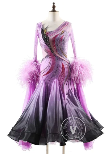 Lavender Smoke Grace Feather Floats Ballroom Smooth Dance Competition Dress