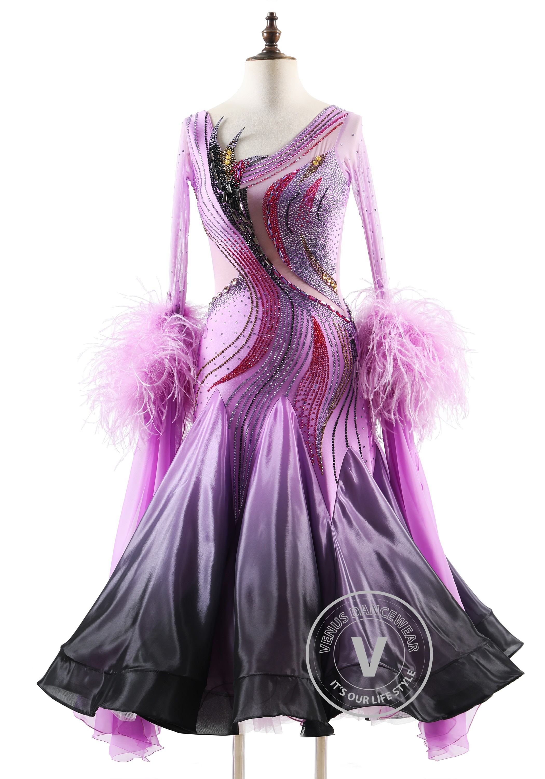 Lavender Smoke Grace Feather Floats Ballroom Smooth Dance Competition Dress