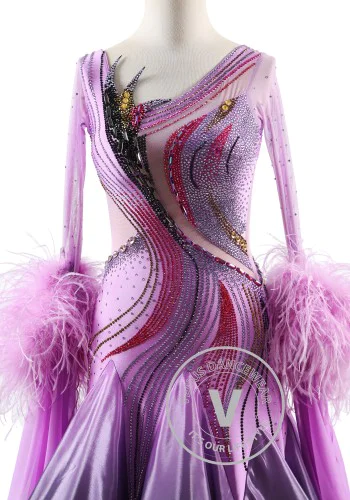 Lavender Smoke Grace Feather Floats Ballroom Smooth Dance Competition Dress