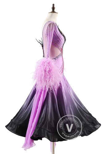 Lavender Smoke Grace Feather Floats Ballroom Smooth Dance Competition Dress