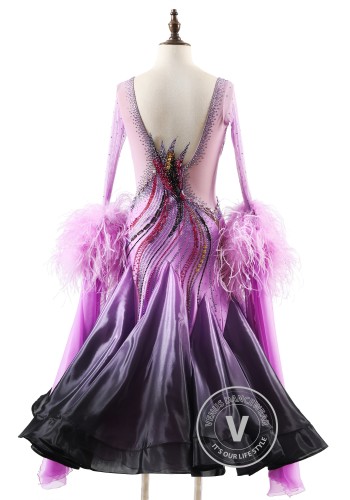Lavender Smoke Grace Feather Floats Ballroom Smooth Dance Competition Dress