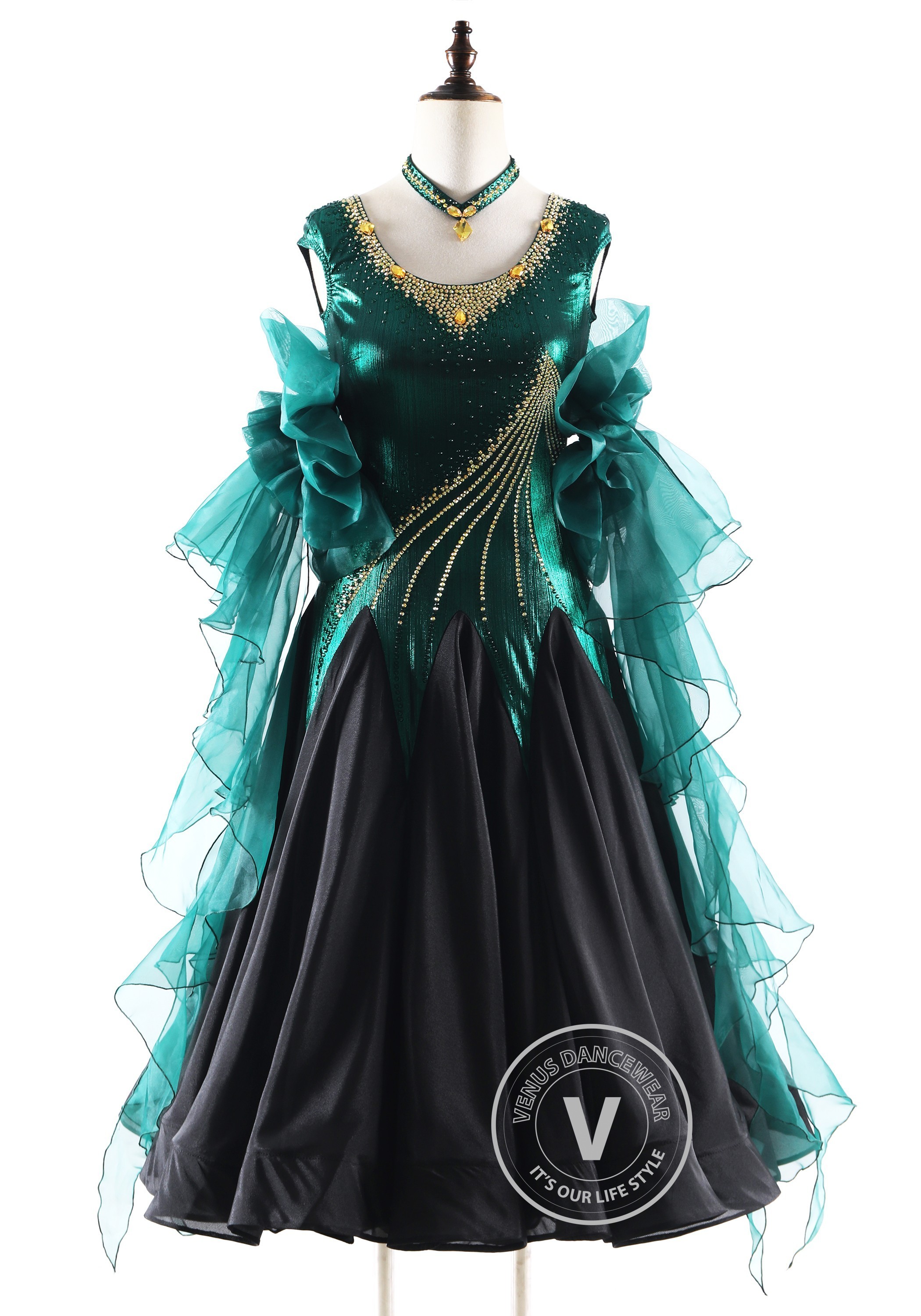Noir Emerald Shadow Ballroom Smooth Dance Competition Dress