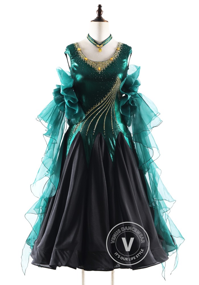 Noir Emerald Shadow Ballroom Smooth Dance Competition Dress