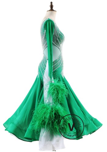 Emerald Spark Feather Ballroom Smooth Dance Competition Dress