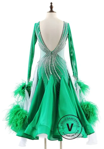 Emerald Spark Feather Ballroom Smooth Dance Competition Dress