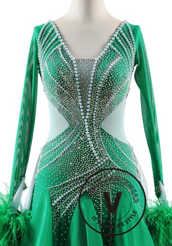 Emerald Spark Feather Ballroom Smooth Dance Competition Dress