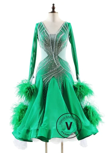 Emerald Spark Feather Ballroom Smooth Dance Competition Dress