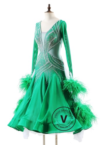 Emerald Spark Feather Ballroom Smooth Dance Competition Dress