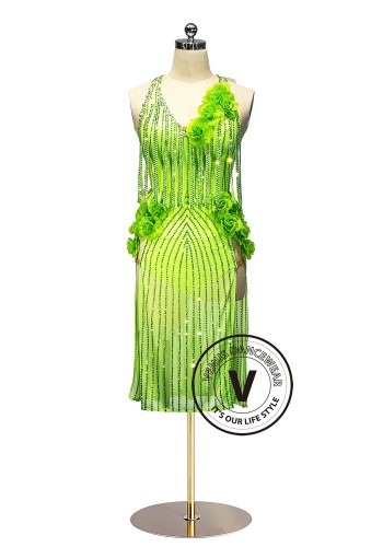 Neon Blossom Line 3D Flora Latin Rhythm Chacha Salsa Rumba Competition Dance Dress