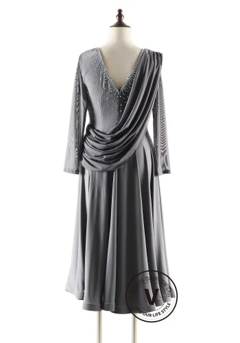 Moonlit Grey Drape Elegance Luxury Crepe Ballroom Smooth Practice Dance Dress P5513
