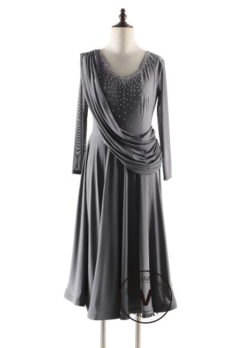 Moonlit Grey Drape Elegance Luxury Crepe Ballroom Smooth Practice Dance Dress P5513