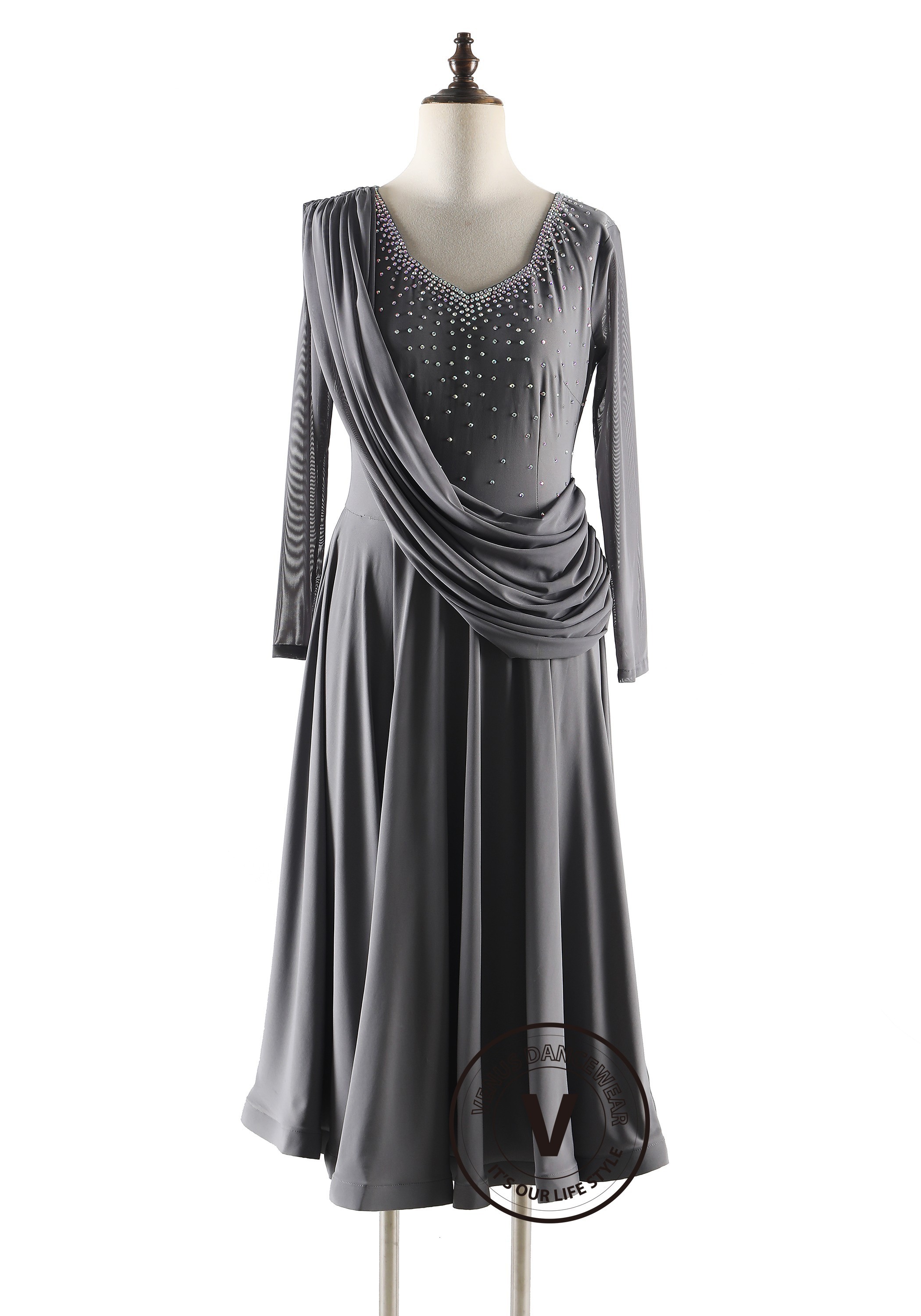 Moonlit Grey Drape Elegance Luxury Crepe Ballroom Smooth Practice Dance Dress P5513