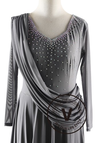 Moonlit Grey Drape Elegance Luxury Crepe Ballroom Smooth Practice Dance Dress P5513