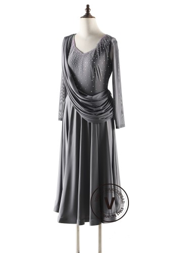 Moonlit Grey Drape Elegance Luxury Crepe Ballroom Smooth Practice Dance Dress P5513