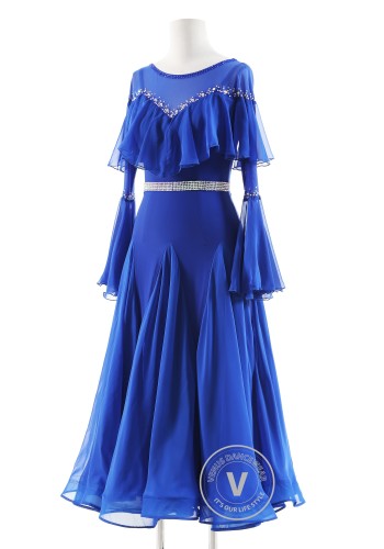 Sapphire Flow Ruffle Elegance Luxury Crepe Ballroom Smooth Practice Dance Dress P0073