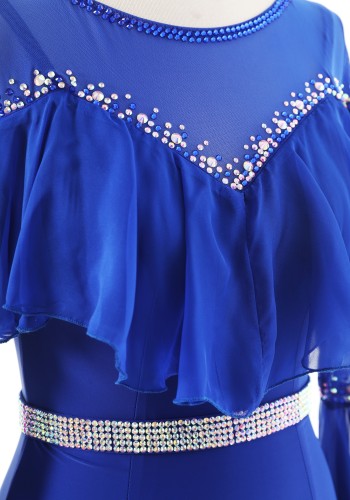 Sapphire Flow Ruffle Elegance Luxury Crepe Ballroom Smooth Practice Dance Dress P0073