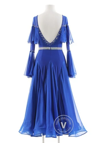 Sapphire Flow Ruffle Elegance Luxury Crepe Ballroom Smooth Practice Dance Dress P0073