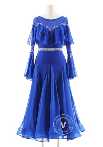 Sapphire Flow Ruffle Elegance Luxury Crepe Ballroom Smooth Practice Dance Dress P0073