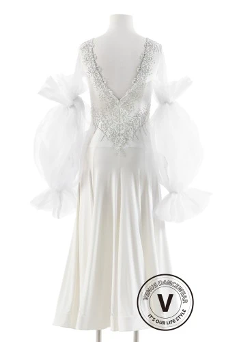 Crystal Ivory Ruffle Elegance Luxury Crepe Ballroom Smooth Practice Dance Dress P0074