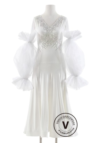 Crystal Ivory Ruffle Elegance Luxury Crepe Ballroom Smooth Practice Dance Dress P0074