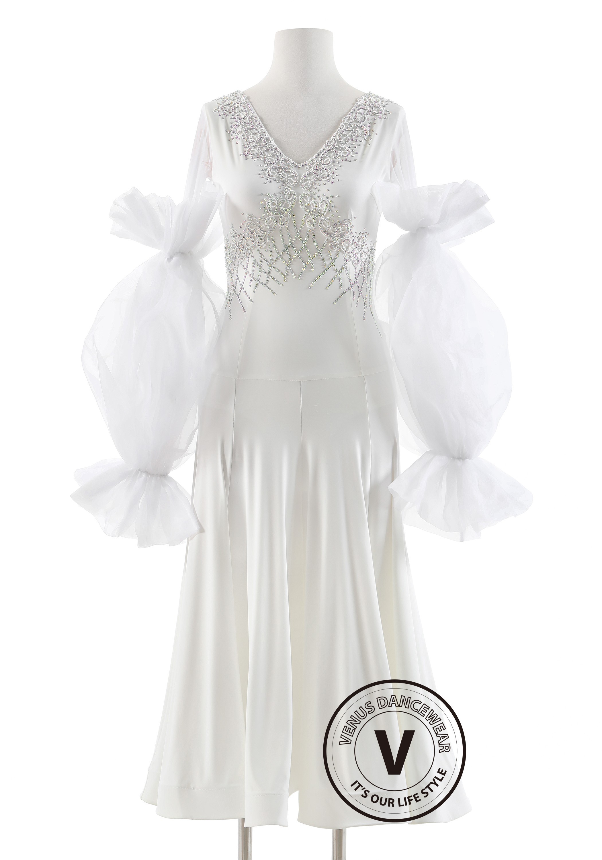 Crystal Ivory Ruffle Elegance Luxury Crepe Ballroom Smooth Practice Dance Dress P0074