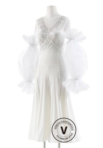 Crystal Ivory Ruffle Elegance Luxury Crepe Ballroom Smooth Practice Dance Dress P0074