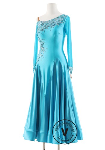 Turquoise Bloom Luxury Crepe Ballroom Smooth Practice Dance Dress P0075