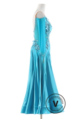 Turquoise Bloom Luxury Crepe Ballroom Smooth Practice Dance Dress P0075