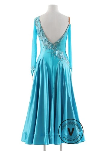 Turquoise Bloom Luxury Crepe Ballroom Smooth Practice Dance Dress P0075