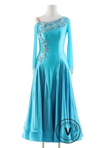 Turquoise Bloom Luxury Crepe Ballroom Smooth Practice Dance Dress P0075