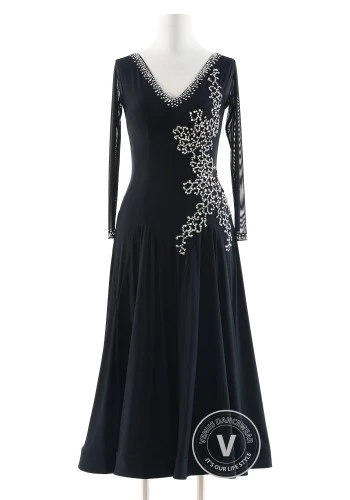 Black Crystal Vine Luxury Crepe Ballroom Smooth Practice Dance Dress P0076