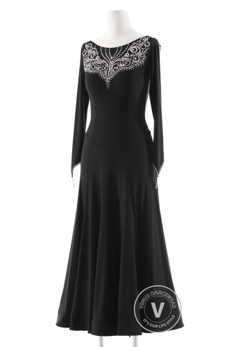 Black Crystal Crest Luxury Crepe Ballroom Smooth Practice Dance Dress P0077