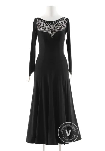 Black Crystal Crest Luxury Crepe Ballroom Smooth Practice Dance Dress P0077