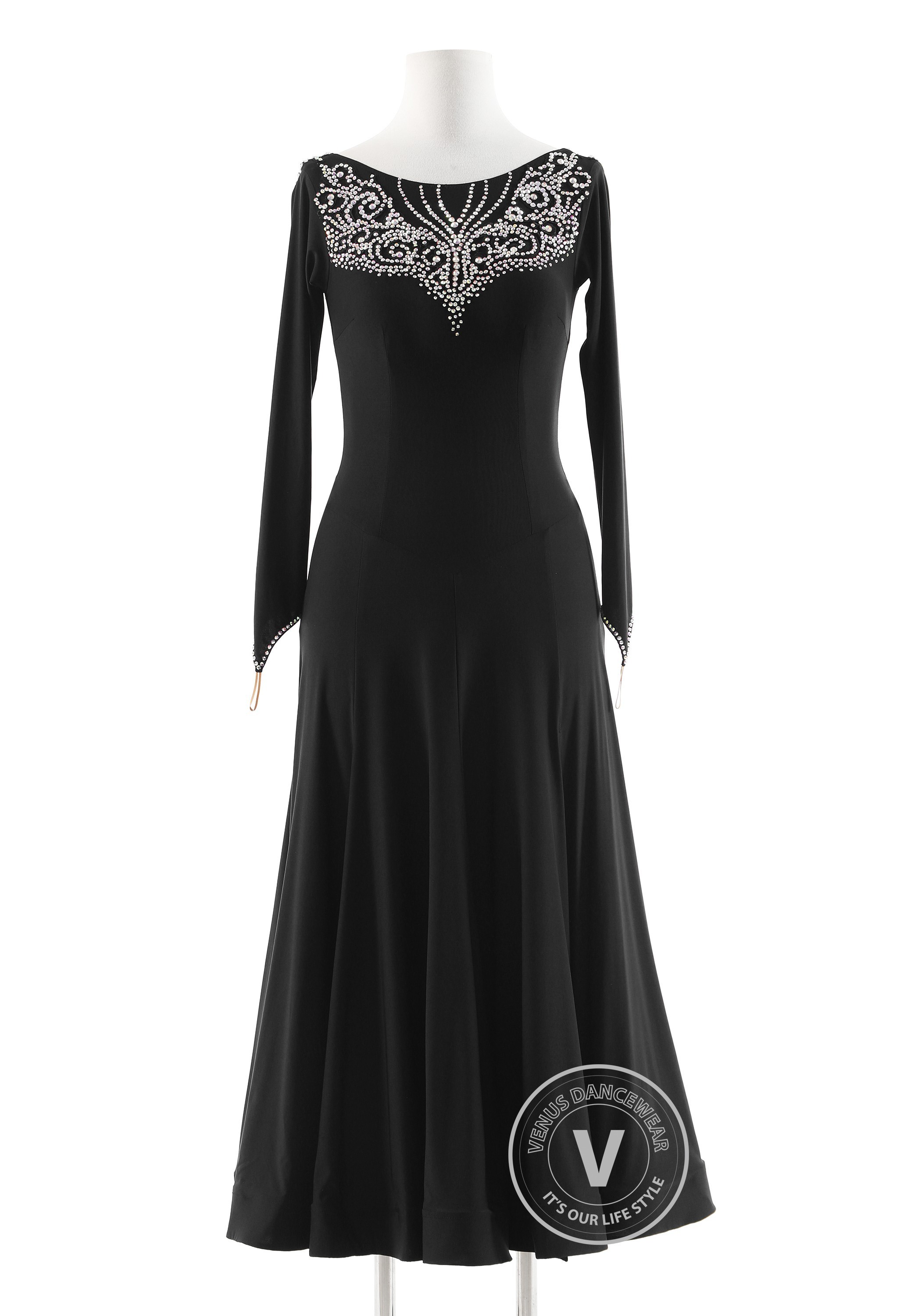 Black Crystal Crest Luxury Crepe Ballroom Smooth Practice Dance Dress P0077